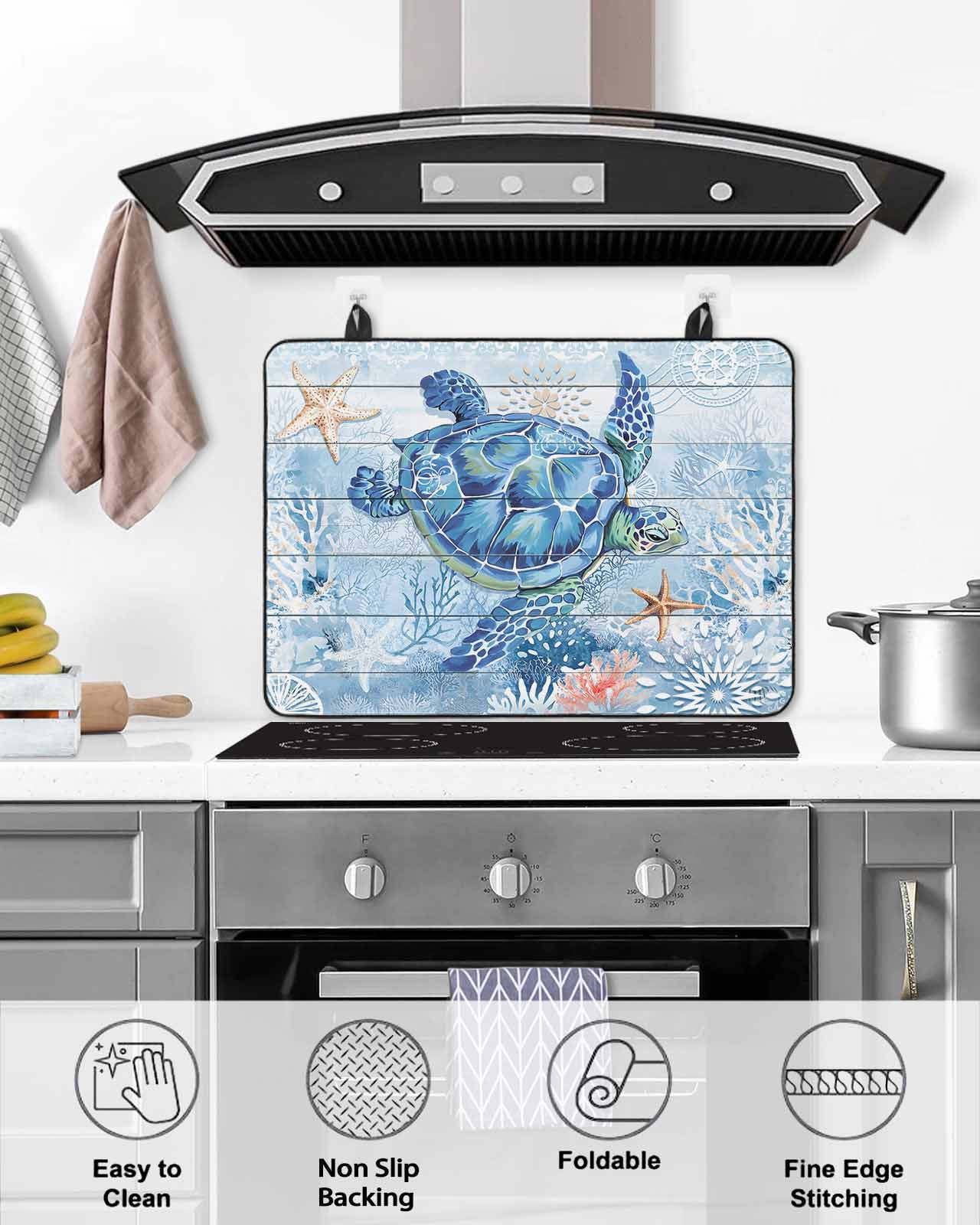 nqOlkjepod Large Induction Cooktop Protector Mat 36"x21", Blue Turtle Coastal Stove Top Covers for Electric Stove, Summer Beach Starfish Nautical Stove Burner Cover Mats, Glass Top Stove Cover