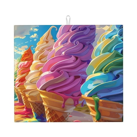 

Lukts Rainbow Melting Ice Cream Print Ultra Water Dish Drying Mat Slip Resistant Pad for Sink Dishes or Under Rack Kitchen Counter Accessories