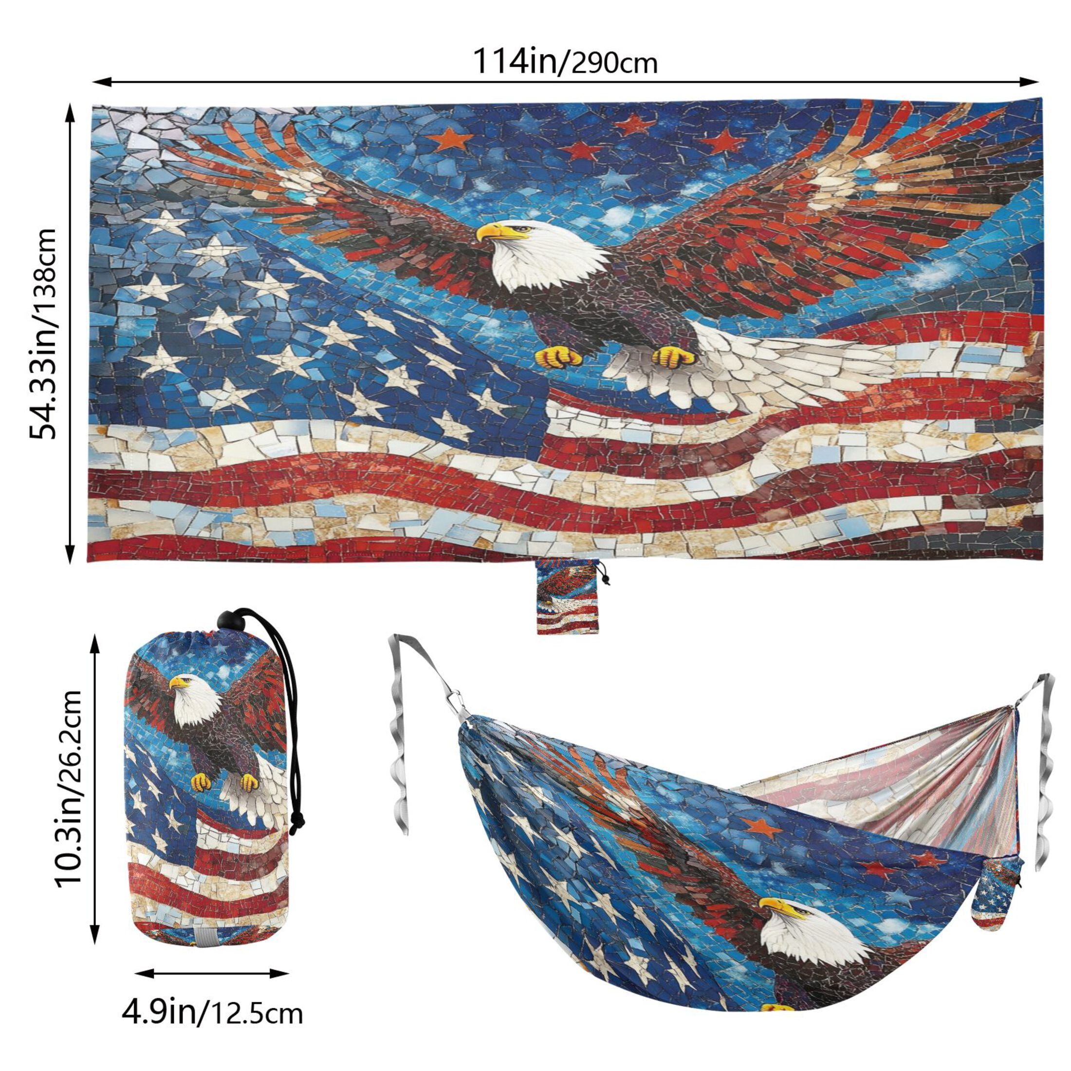 Wobogo American Flag Bald Eagle Camping Hammocks 330 lb Capacity with Tree Straps and Hanging Pockets for Outside Hiking Beach Backpack Travel