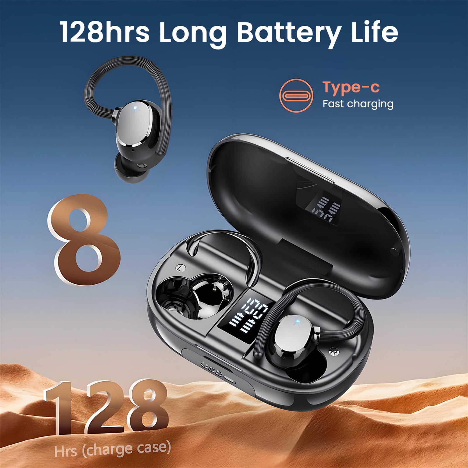 Ear Buds Wireless Bluetooth Earbuds Sport with LED Display 128H Playtime Powerful Bass Over Ear Earphones with Earhooks IP7 Waterproof for Gym/Running/Workout,E