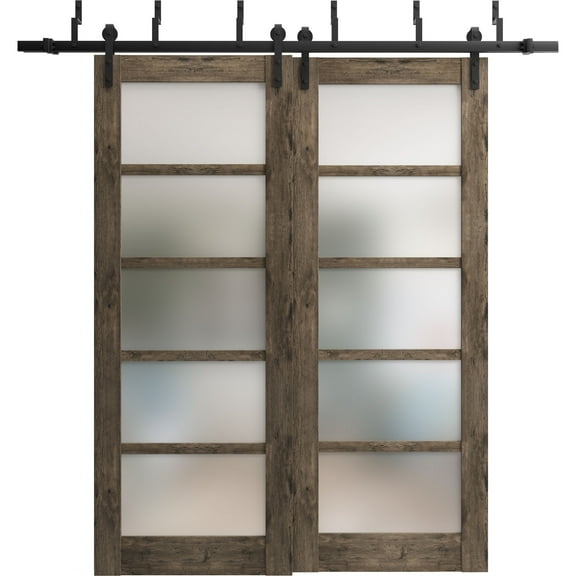 Sliding Closet Barn Bypass Doors 56 x 80 inches | Quadro 4002 Cognac Oak with Frosted Glass | Sturdy 6.6ft Rails Hardware Set | Wood Solid Bedroom Wardrobe Doors