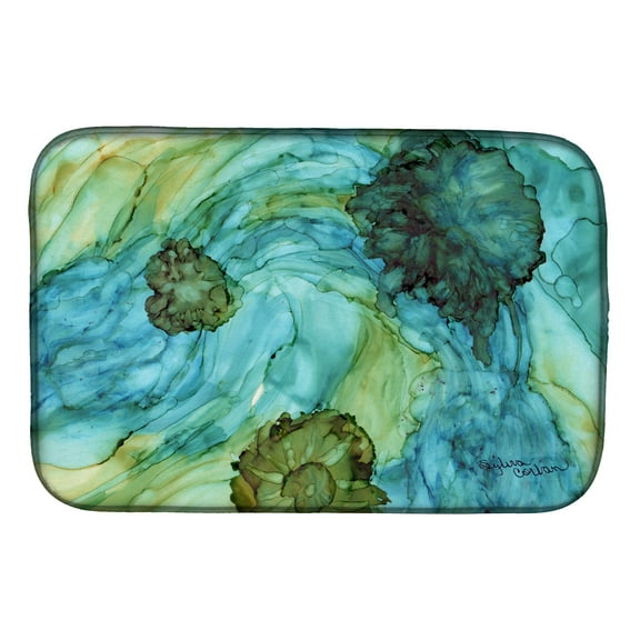 Abstract in Teal Flowers Dish Drying Mat