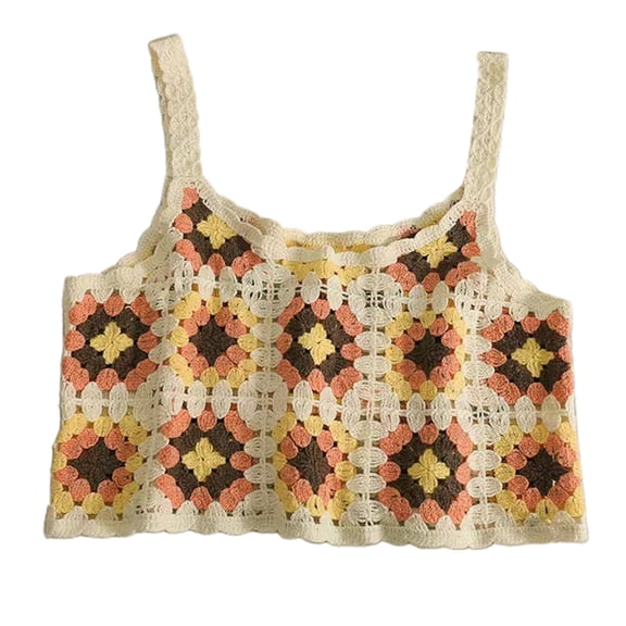 JUNTEX Women Retro Crochet Knit Sleeveless Crop Top Ethnic Hollow Weave Colorful Plaid Beach Camisole Vacation Holiday Thin Mini Sweater Vest Cover Up