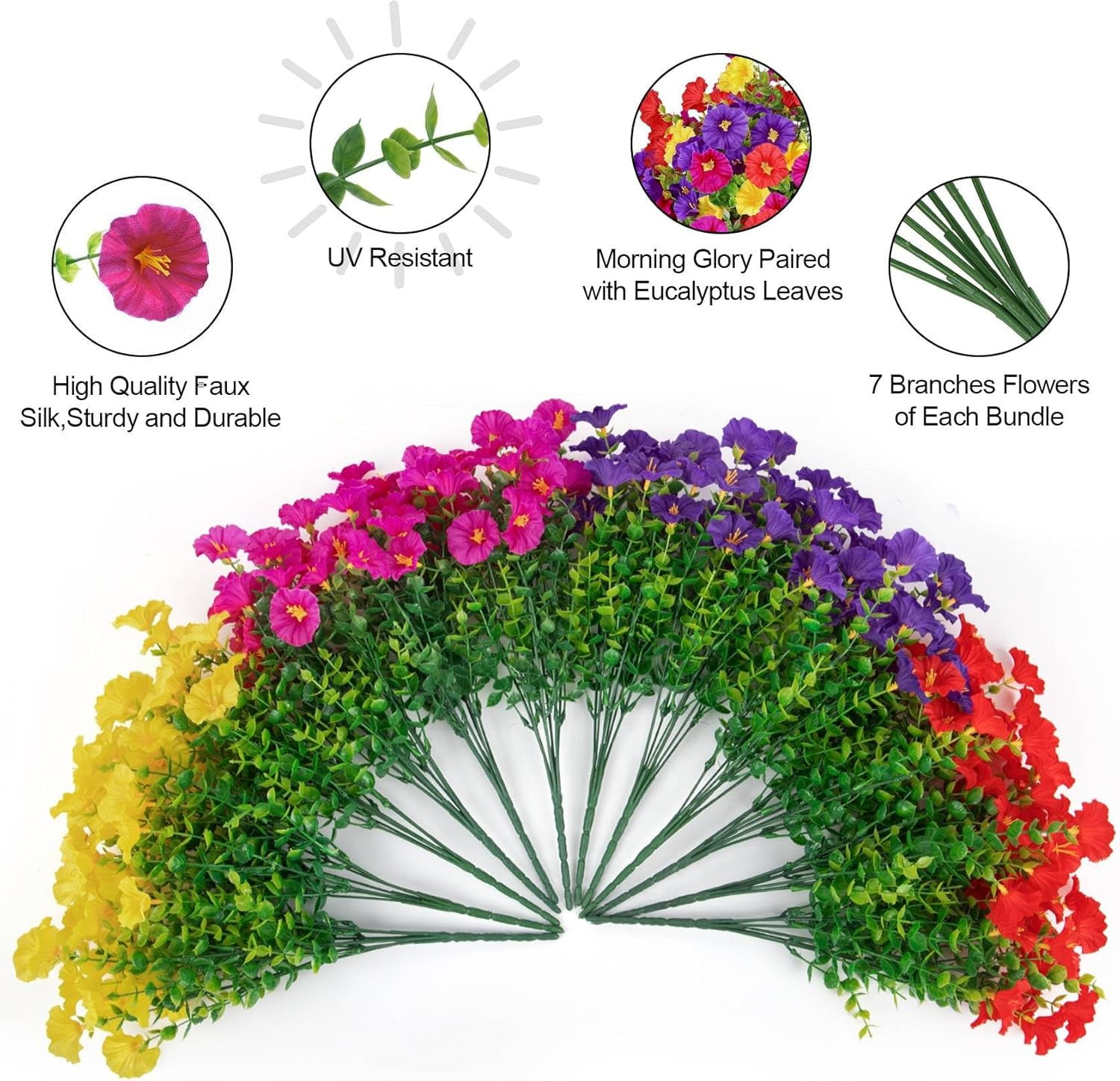 24 Bundles for Outdoors Decoration Fake Silk Morning Glory Flowers Faux Euc Plants UV Resistant for Porch Patio Garden Spring Summer Home Decor, Multicolor