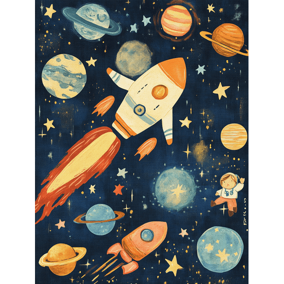 Rocket and Planet Space Canvas Art Print, Suitable for Living Room, Bedroom, Office, Nursery, and Kids Room Decoration.