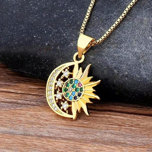 2025 New Gold Pendant Necklace for Women,14K Gold Plated Cubic Zirconia Sun and Moon Necklace Cute Minimalist Diamond Gemstone Turquoise Chain Choker Sunflower Necklace Jewelry Gifts for Women