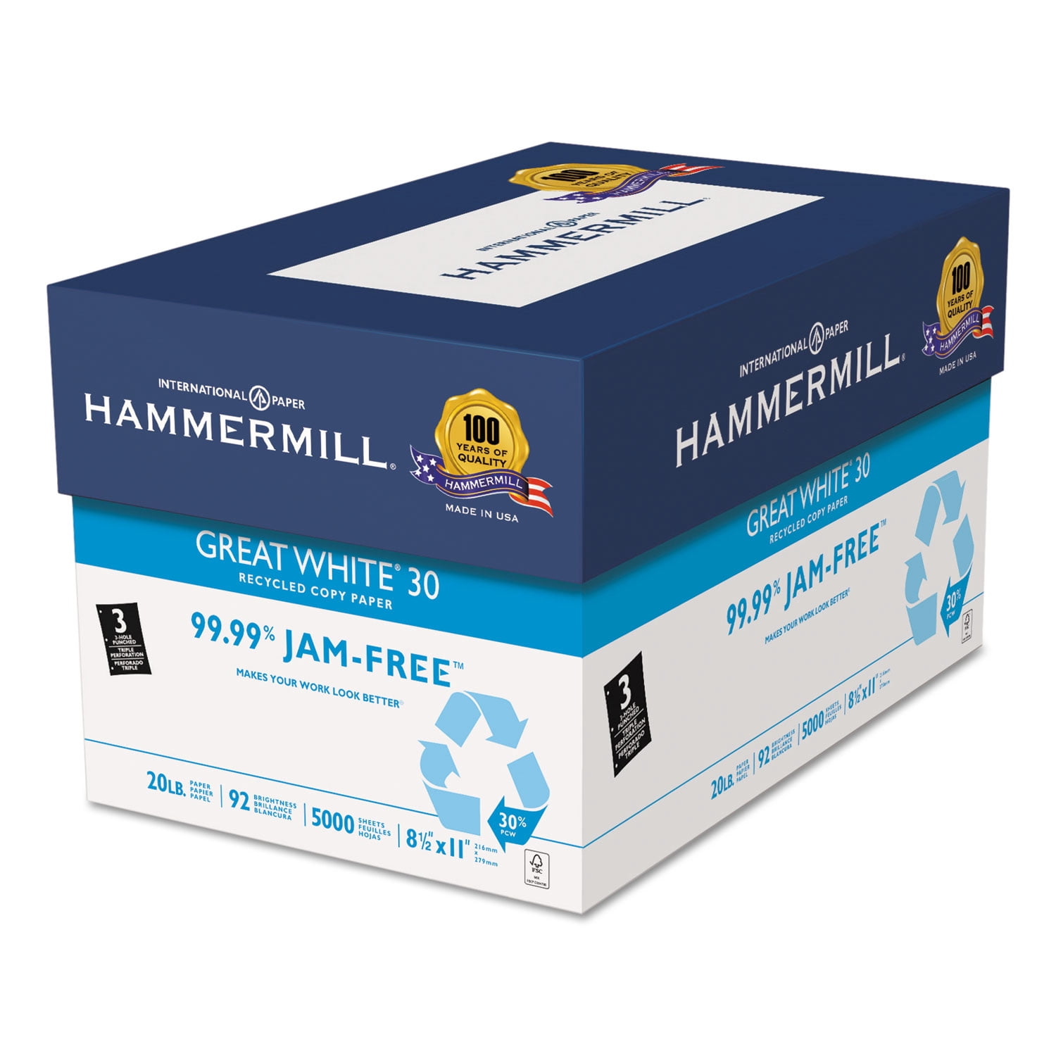 Hammermill Great White Recycled Copy 3-Hole Punched 92 Brightness 20lb Letter 5000/Ctn 86702, Paper