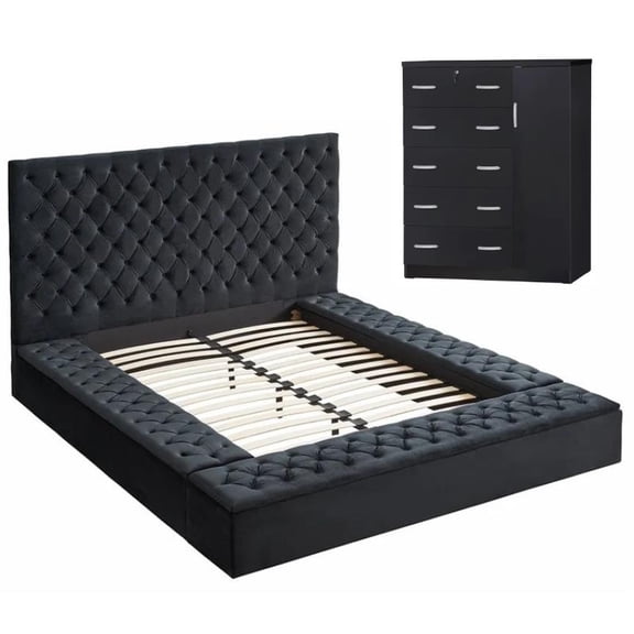 Home Square 2-Piece Set with Queen Bed & Tall Chest Wardrobe in Black