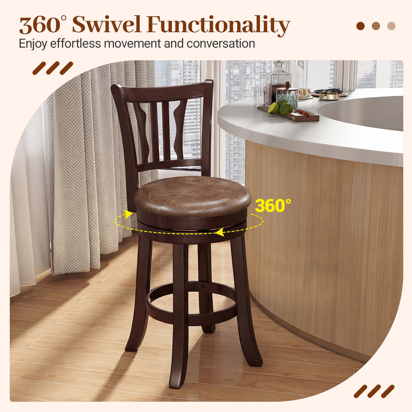 Gymax 26'' Counter Height Swivel Bar Stools Set of 4 w/Back & Faux Leather Seat