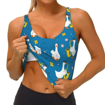 Qokaie Cartoon Goose Pattern Womens Scoop Neck Sports Bra Breathable Workout Vest Padded U Back Medium Impact Fitness Gym Yoga Bra Workout Crop Top