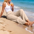 thumbnail image 6 of WULMLEO Womens Cotton Linen Pants Petite 2026 Summer Lightweight High Waist Straight Leg Solid Beach Lounge Trousers Beige S, 6 of 8