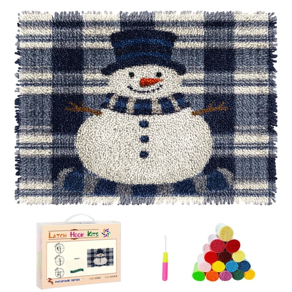 DIY Latch Hook Rug Kits Merry Christmas Snowman Grids Stamped Non-slip Mat Crochet Yarn Hook and Latch Emboridery Tapestry for Home Floor Decor and Pet Warm Cushion 52x38cm(1)