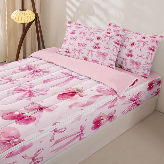 Homewish Strawberry Cherry Bowknot Zipper Twin Comforter Sets with Fitted Sheet and 2 Pillowcases for Girls Women, Cute Princess Style Zipper Bedding Set, Pink Reversible, 4-Piece