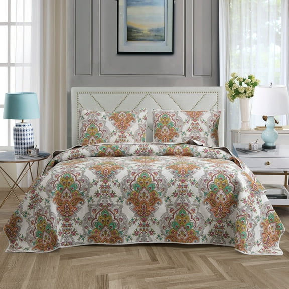 S&S Damask Medallion 3 Piece 100% Cotton Quilt Set Full - Queen
