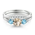 thumbnail image 3 of Gem Stone King 10K White Gold Peach Morganite Swiss Blue Topaz and White Lab Grown Diamond 5 Stone Bridal Engagement Wedding Ring Set for Women (0.81 Cttw, Round: 5MM and 3MM, Size 8), 3 of 6