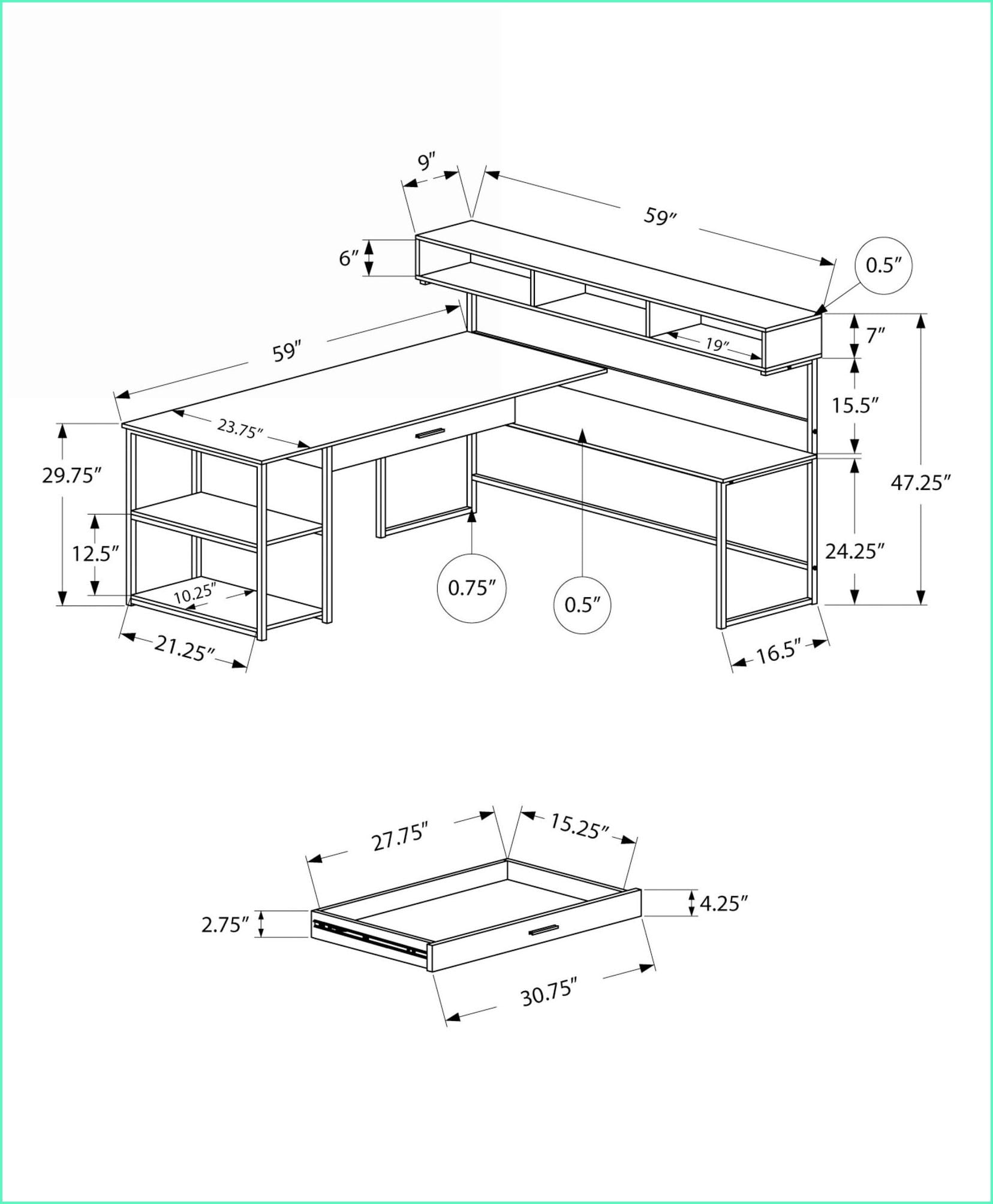 Desks, L-Shaped Corner Computer Desk with Storage Drawers, Modern Grey Laminate | Black Metal | MDF