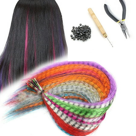 Xiaofeng 16 inch Feather Hair Extensions Kit for Women Girls 65 Pcs Synthetic I-Tip Hair Feathers 13 Mixed Colors with Tools 1Pliers 1 Crochet Hook