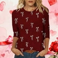 thumbnail image 2 of Feancey 3/4 Length Sleeve Womens T Shirts Cute Bow Printed Plus Size Tunic Tops Loose Fit Casual Three-Quarter Length Blouse Valentines Gifts for Women Wine M, 2 of 8