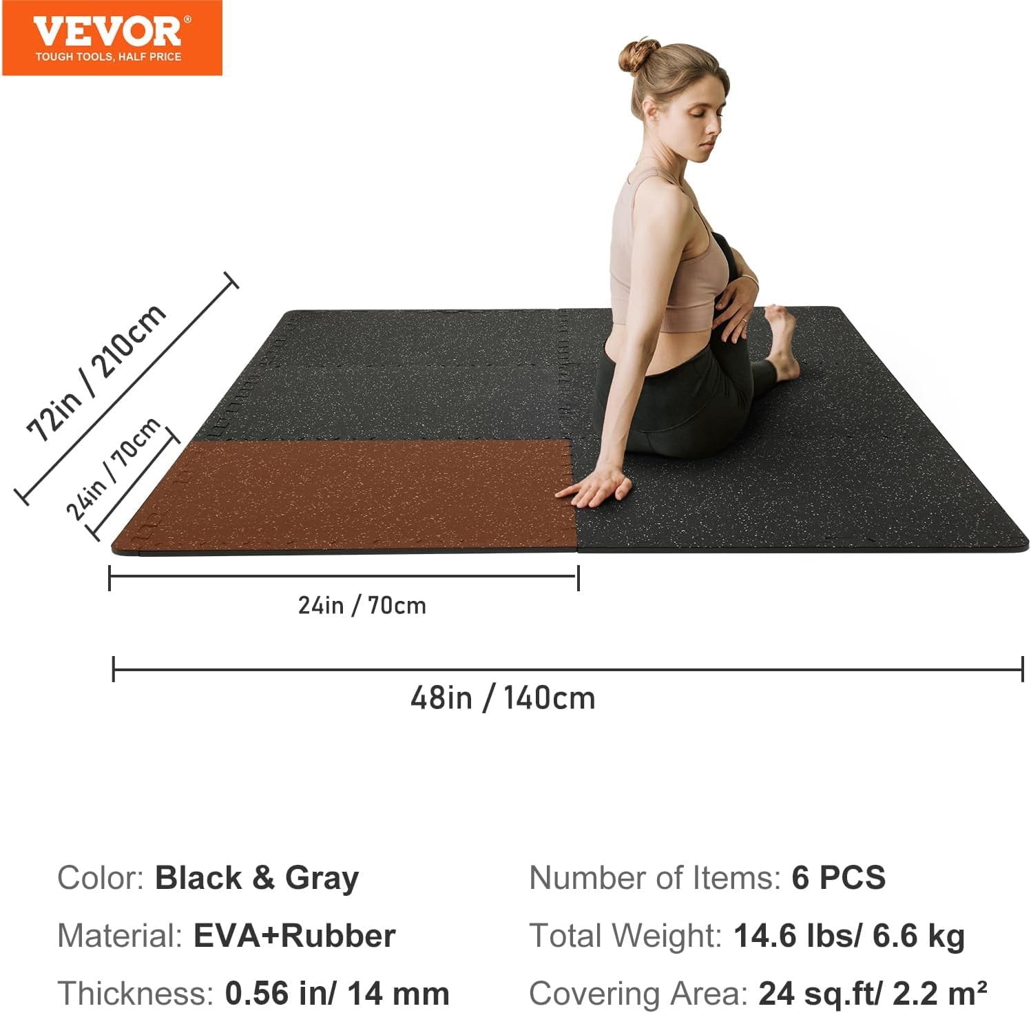 6 Tiles Gym Flooring for Home Gym, Rubber Top with High Density EVA Foam, 25 x 25In Exercise Equipment Mats, Interlocking Puzzle Workout Mats, Black & Gray