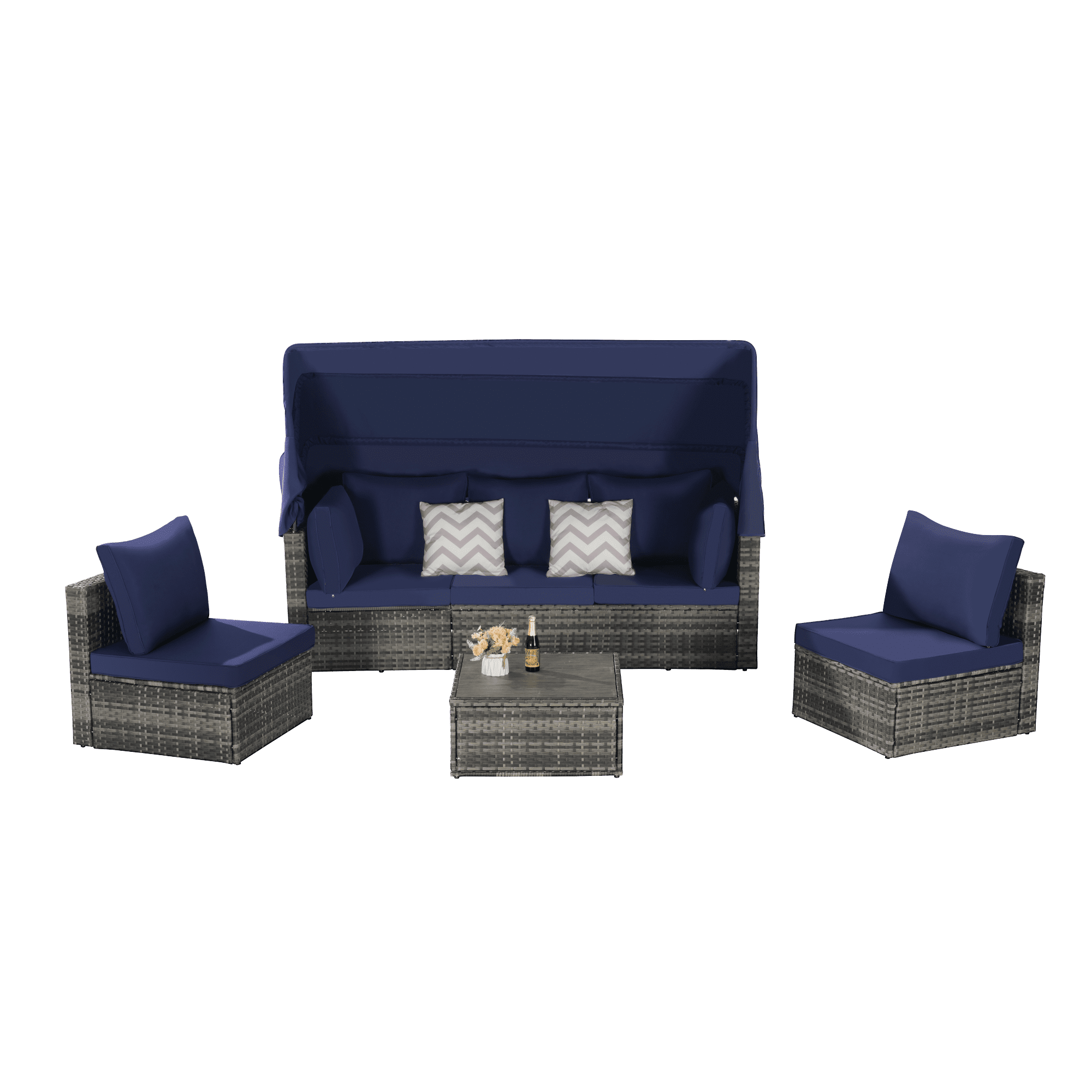 5 Pieces Outdoor Daybed with Retractable Canopy,Patio Wicker Sunbed Furniture Set with Storage Side Table and Sofa Cushions for Backyard, Porch, Garden,Dark Blue