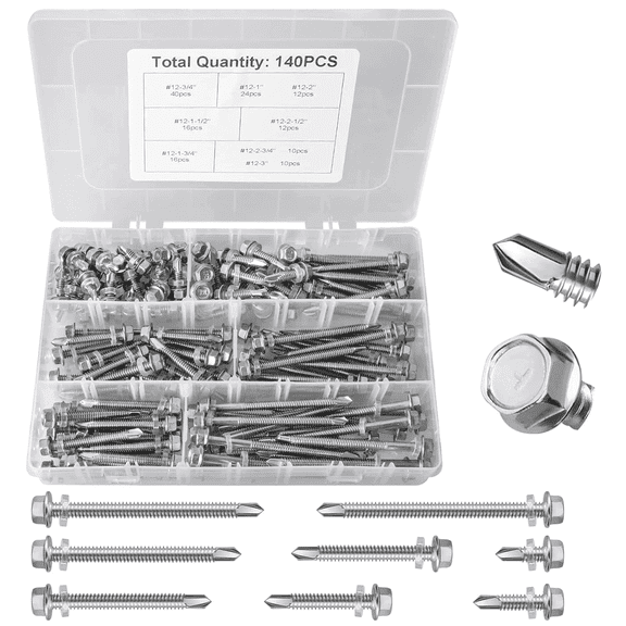 140pcs Hex Washer Head Self Drilling Tek Screw Assortment Kit, #12 Self Tapping Screw For Metal, 410 Rust Proof Wood Plastic Sheet Metal Screw