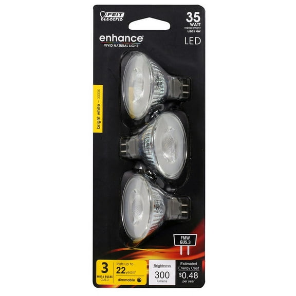 1 Pc, Feit Enhance Mr16 Gu5.3 Led Bulb Bright White 35 Watt Equivalence 3 Pk