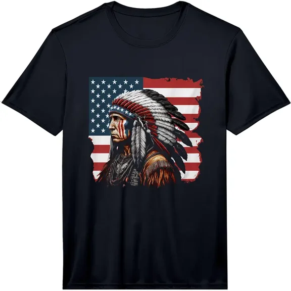 Men's Patriotic Native American Chief Flag Graphic T-Shirt