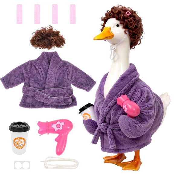 12Pcs Bathrobe Porch Goose Outfit Funny Lawn Goose Statue Costume with Curler Wig Coffee Cup for 23in Statue Patio Garden Decoration