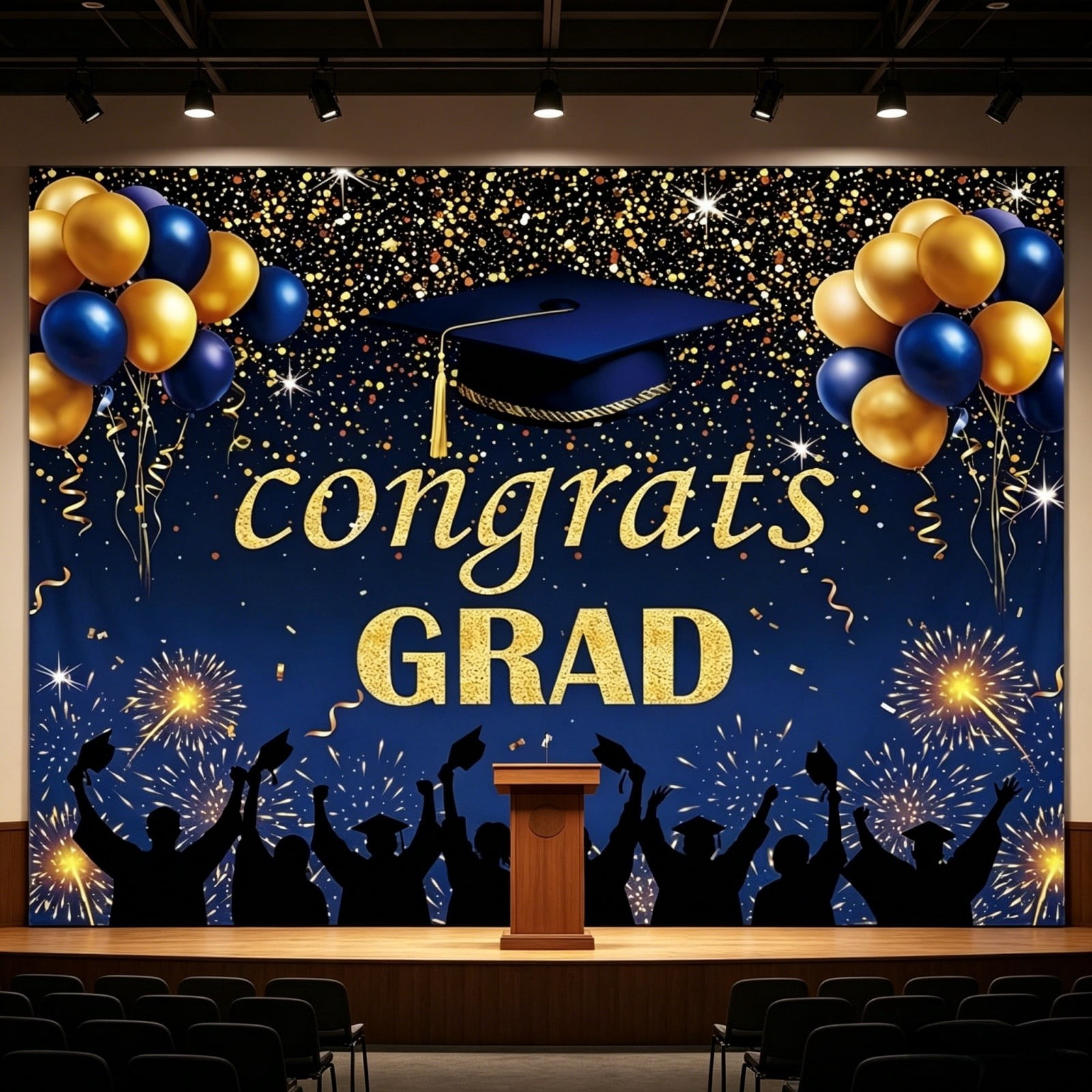 Class of 2026 Congrats Grad Backdrop Banner, Royal Blue and Gold Glitter Cap Balloon Congratulations Graduation Party Decoration Photo Studio Background,95*71Inch