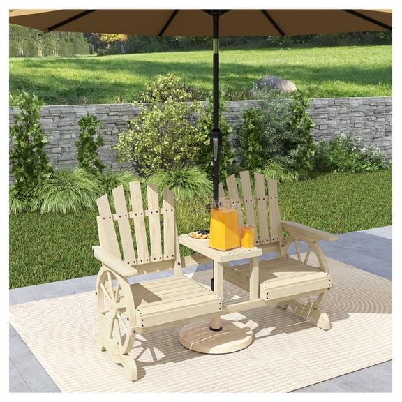 2-Seat Wooden Garden Bench with Table & Umbrella Hole - Natural Wood Outdoor Patio Bench, Backyard Seating, High Backrest, Armrests