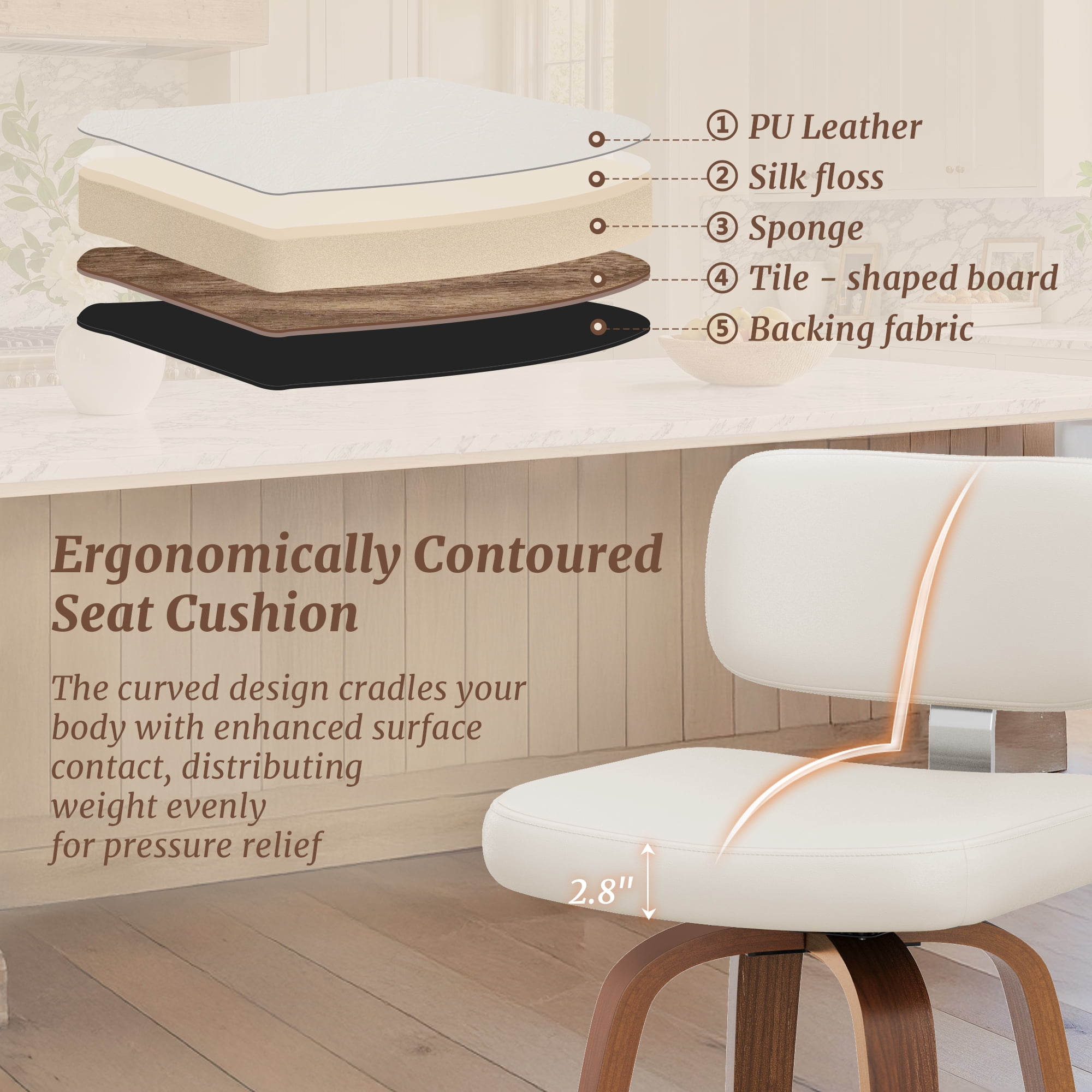 Dycanpo 26"H Counter Height Bar Stool Set of 3 with Back PU Leather for Home Kitchen, White