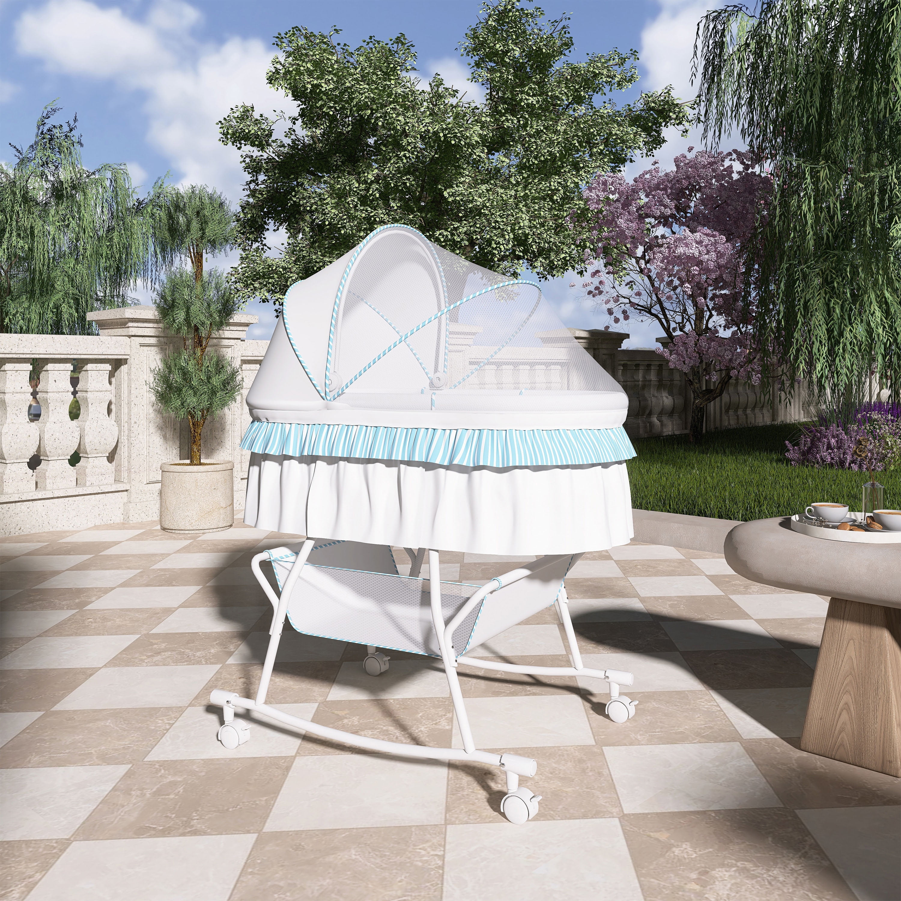 Dream On Me Lacy Portable 2-in-1 Bassinet & Cradle in Blue and White, Lightweight Baby Bassinet