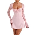 thumbnail image 1 of Gupgi Robe Corset en Dentelle pour Femmes à Manches Longues, Encolure Carrée, Décolleté Plongeant, Mini-Robe à Nouer, 1 of 9