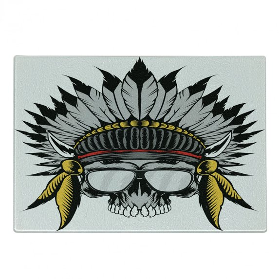 Skull Cutting Board, Dead Tribe Leader Feather Head Crown with Glasses, Decorative Tempered Glass Cutting and Serving Board, Small Size, Grey Yellow and Red, by Ambesonne