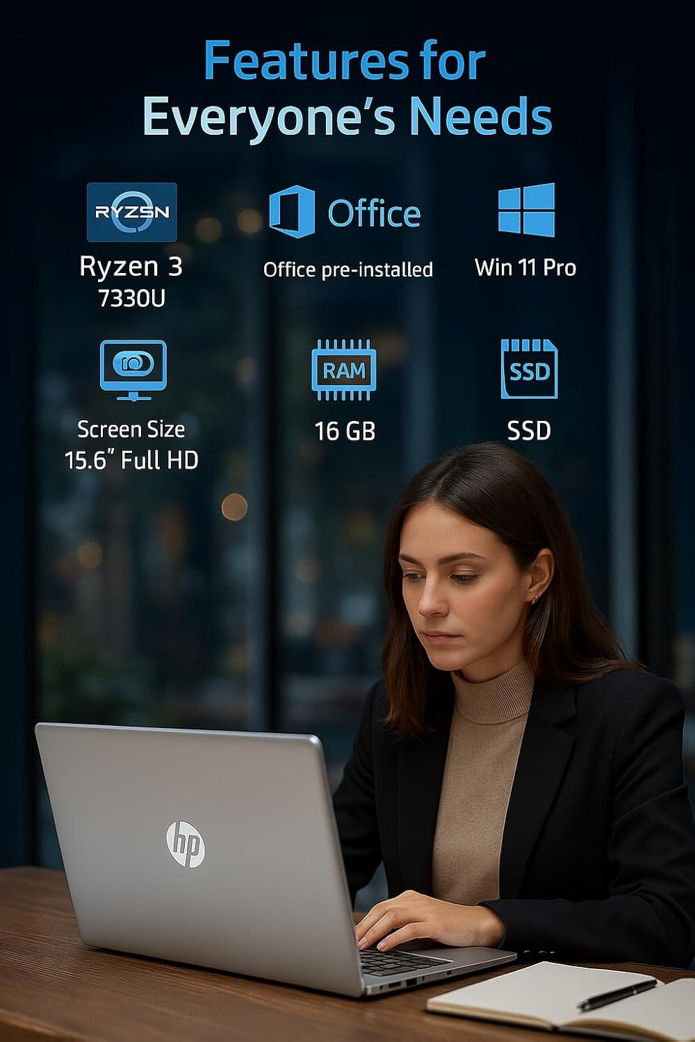 HP 255 G10 15.6" Full HD Laptop for Home or Work, Ryzen 3 7330U, 32GB RAM, 1TB SSD, Wi-Fi 6, Windows 11 Pro