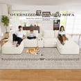 thumbnail image 4 of Muumblus 150" Cloud Sectional Sofa with Storage Console, U-Shaped Modular Couch with 2 Ottomans, USB, Cup Holders, Oversized Corduroy Living Room Sofa, Beige, 4 of 8