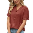 thumbnail image 1 of Estrela Blusa de manga corta para mujer Top con cuello en V Botón con volantes Blusa de manga corta de moda para trabajar Rojo S, 1 of 6
