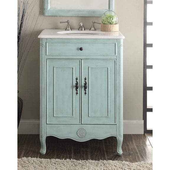 Benton Collection 26" Distressed Light Blue Cottage Bathroom Vanity with White Marble Top