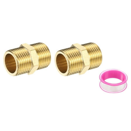 Uxcell Brass Pipe Fitting, 2Pcs 3/8" BSP Male x 3/8" BS Male Thread Connector Brass Hex Nipple Pipe Fitting Adapter for Gas Water Refrigeration System Conversion
