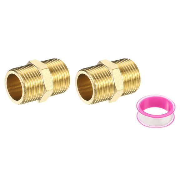 Uxcell Brass Pipe Fitting, 2Pcs 3/8" BSP Male x 3/8" BS Male Thread Connector Brass Hex Nipple Pipe Fitting Adapter for Gas Water Refrigeration System Conversion