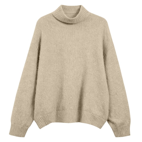 WTXUE Women's Oversized Turtleneck Sweater Comfortable Soft Casual Long Sleeve Pullover Top Brushed Knitted Off-The-Shoulder Sweater Trendy Warm Pullover for Cold Weather Outfit Lounge Wear Beige L