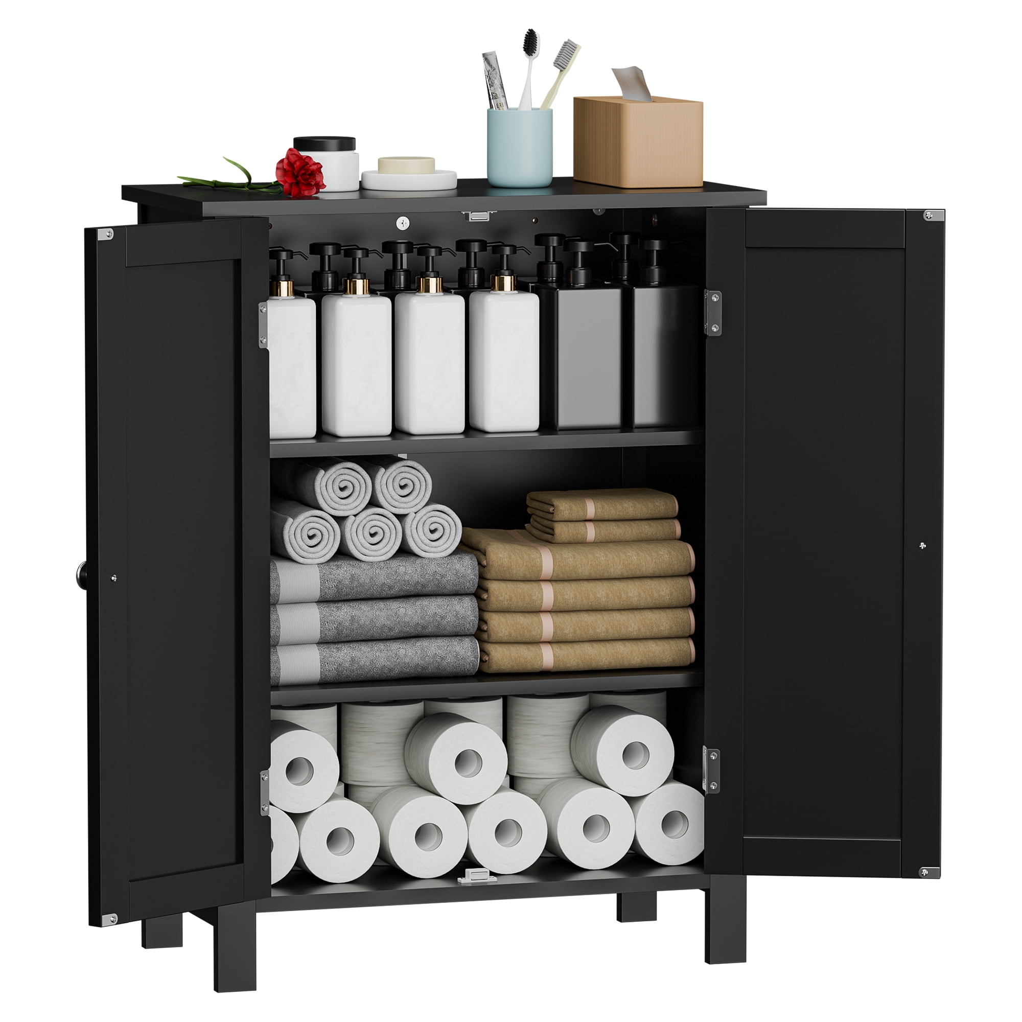 HomGarden 2-Door Bathroom Floor Storage Cabinet Side Cupboard W/ Adjustable Shelves, Black