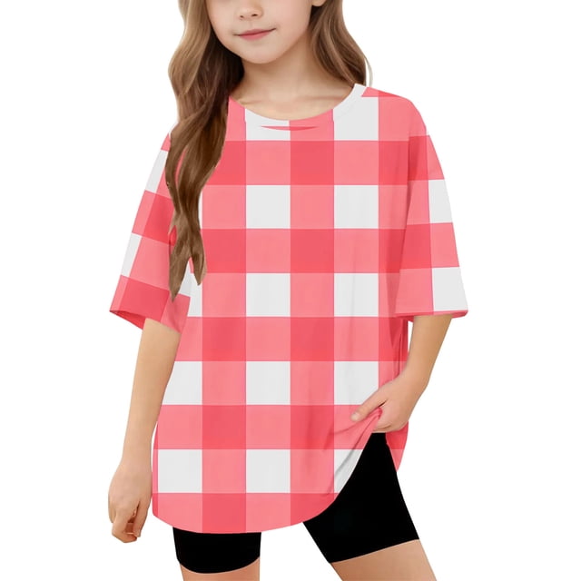 DecSea T-Shirt à Manches Courtes pour Filles, Été, Imprimé à Carreaux, Col Rond, Décontracté, Basique, 5-14 Ans