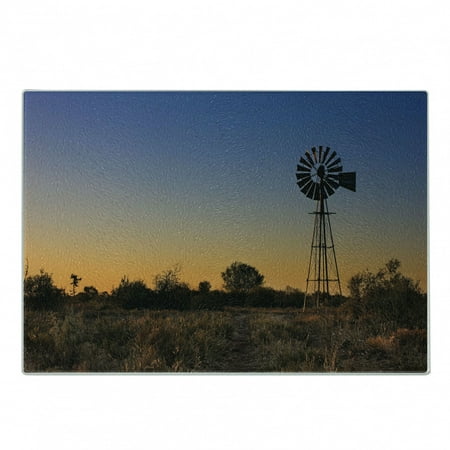 

Windmill Cutting Board Sunset in Kalahari Peaceful Outdoors Agriculture Rural Nature Image Decorative Tempered Glass Cutting and Serving Board Small Size Blue Brown and Marigold by Ambesonne