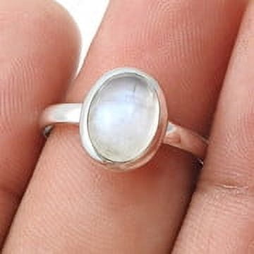 Oval Rainbow Moonstone Stone 925 Solid Silver Promise Band Art Deco Ring Size 8