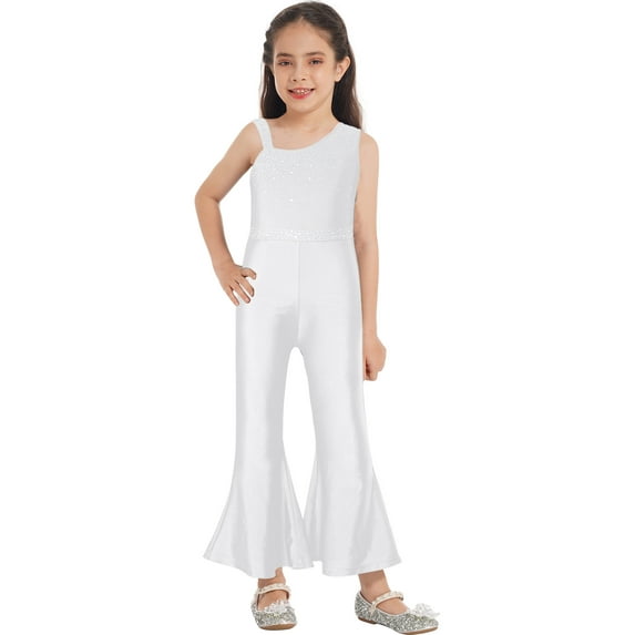 YEAHDOR Girls Shiny Rhinestone Full Body Ballet Dance Leotard Long Sleeve Gymnastics Jumpsuit Figure Skating Costume White 8