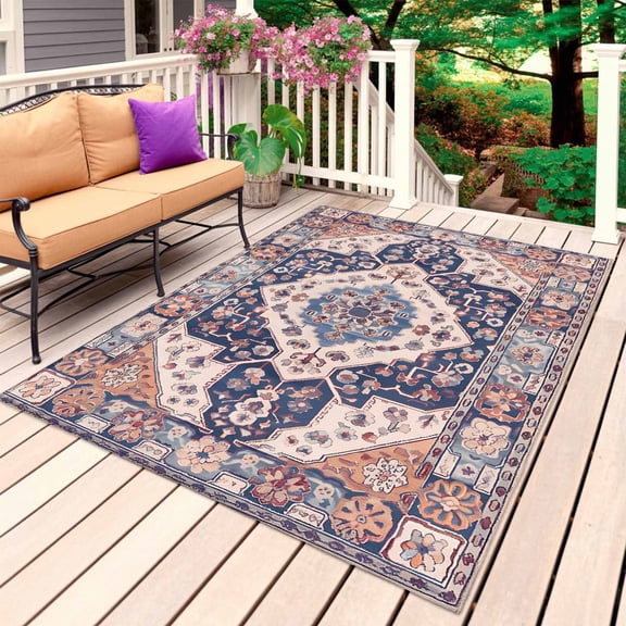 Orange Blue Boho Outdoor Rug 4x6 Ft, Non Slip Washable Area Rug, Ethnic Geometric Southwest Patio Rugs Carpet Runner, Large Floor Mat for Indoor/Outdoor Deck Porch Camping