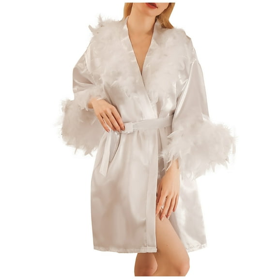 Kaemgyyd Women's Elegant Satin Robe Silky V Neck Long Sleeve Fuzzy Trim Belted Bathrobe Wedding Bridal Party Bride Bridesmaid Nightgowns