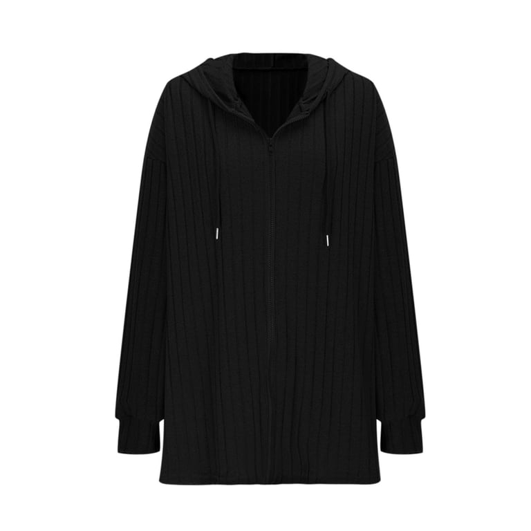 Women's Ribbed Full Zip Jacket with Hood Casual Fashion Mid-length