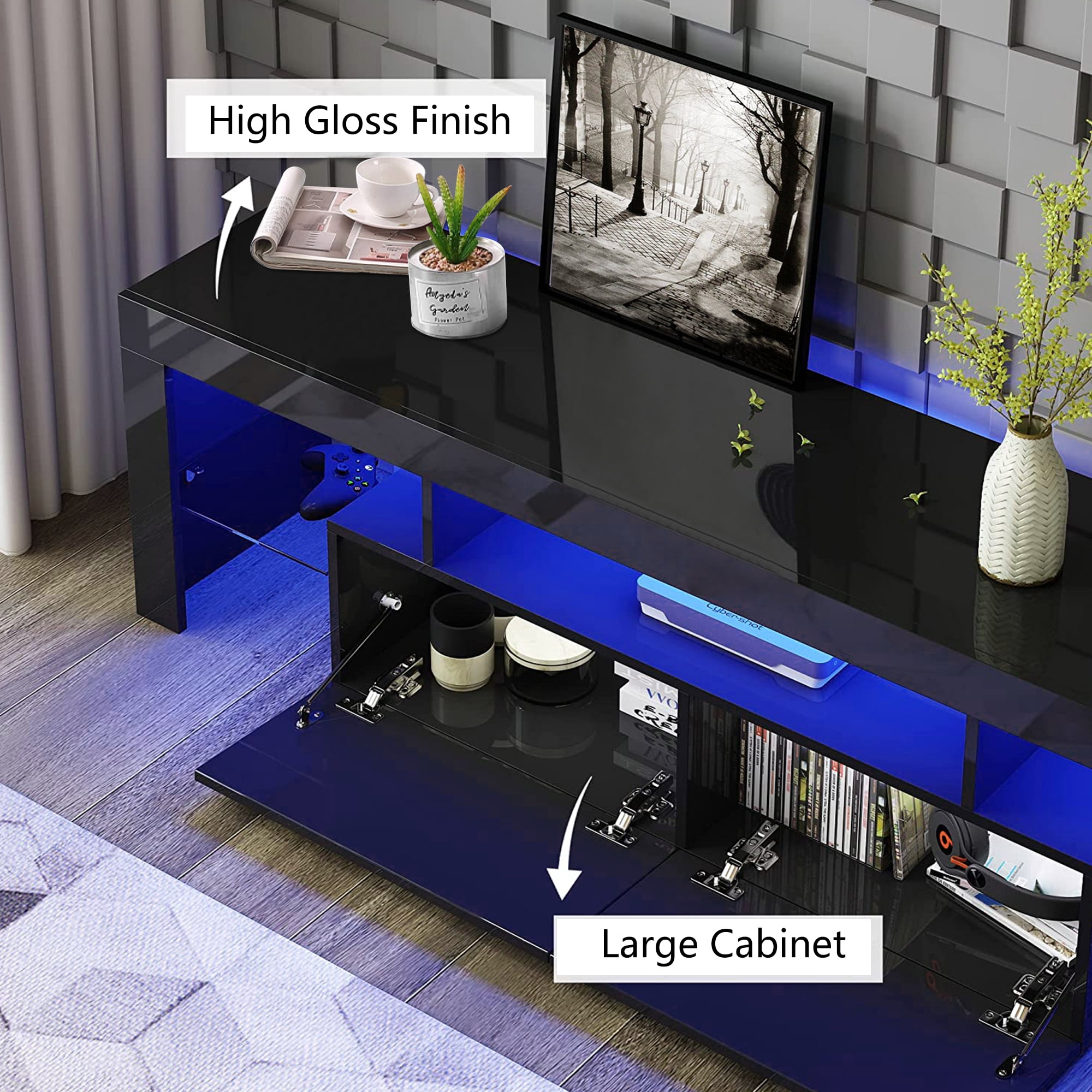 UHOMEPRO TV Stand for TV up to70'', High Gloss Entertainment Center with RGB LED Lights and Storage Shelves, Black Media Console for Living Room